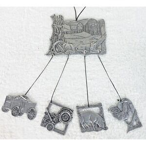 Carson Style Pewter Wind Chime Barn Cow Pig Rooster Tractor Hay 1996 VTG Country